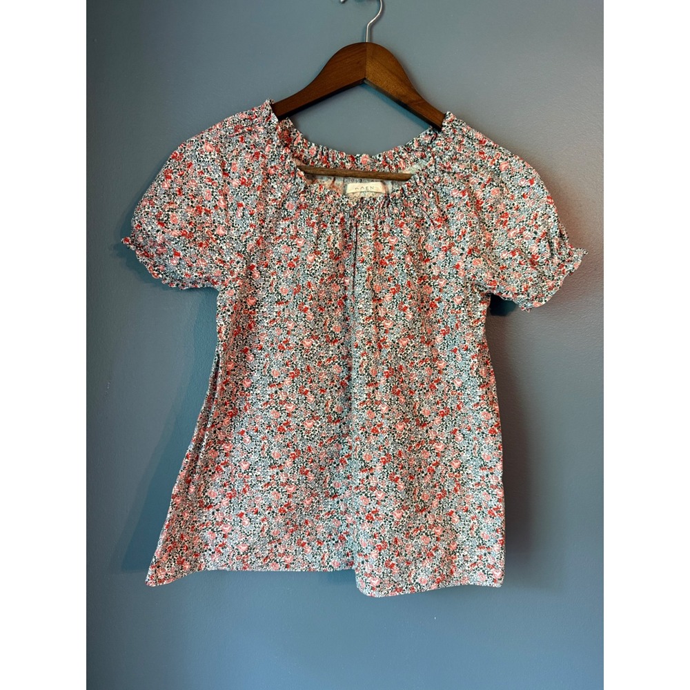 DOEN Red Blue Floral Cotton Puff Sleeve Blouse Top Size 4
